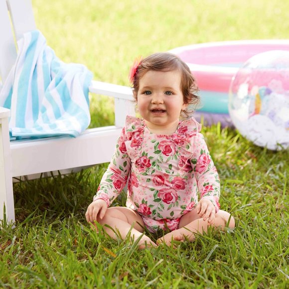 Mud Pie Baby Girls' Rose Ruffle Rash Guard /Swimsuit - Picture 3 of 3